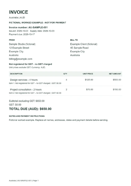 Actual PDF example: Australian invoice without GST