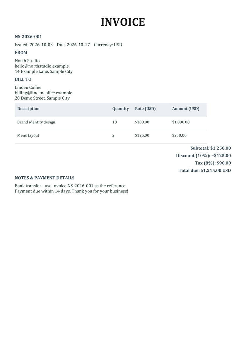 Classic Word invoice template showing North Studio's itemized services, discount, tax and $1,215 total