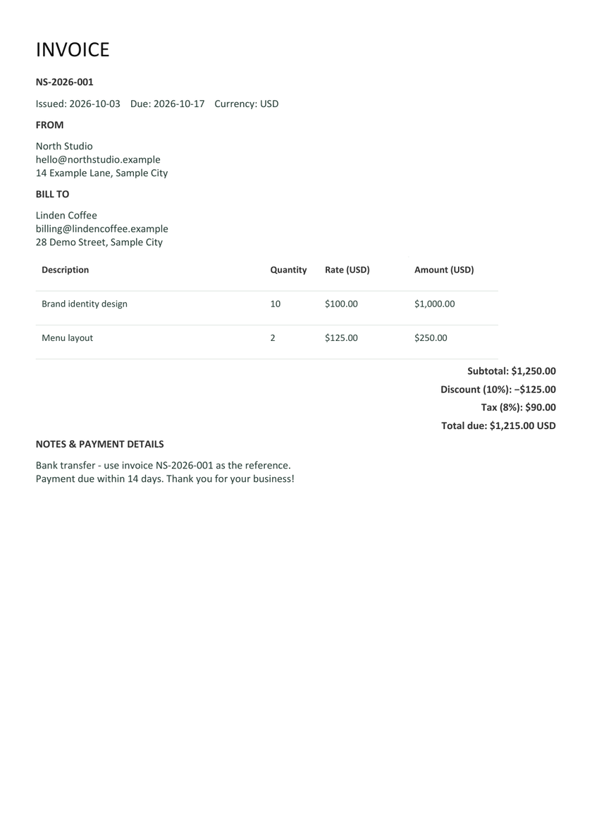 Minimal Word invoice template showing North Studio's itemized services, discount, tax and $1,215 total