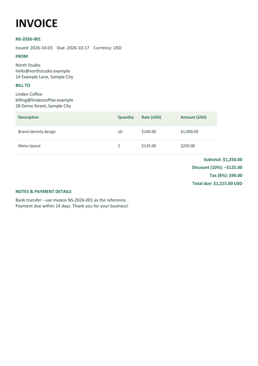Modern Word invoice template showing North Studio's itemized services, discount, tax and $1,215 total